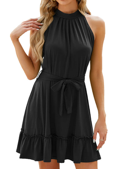 Mini Dresses- Knot Back Belted A-Line Mini Dress in Solid Halter- - IndioGear Fashion and Gear