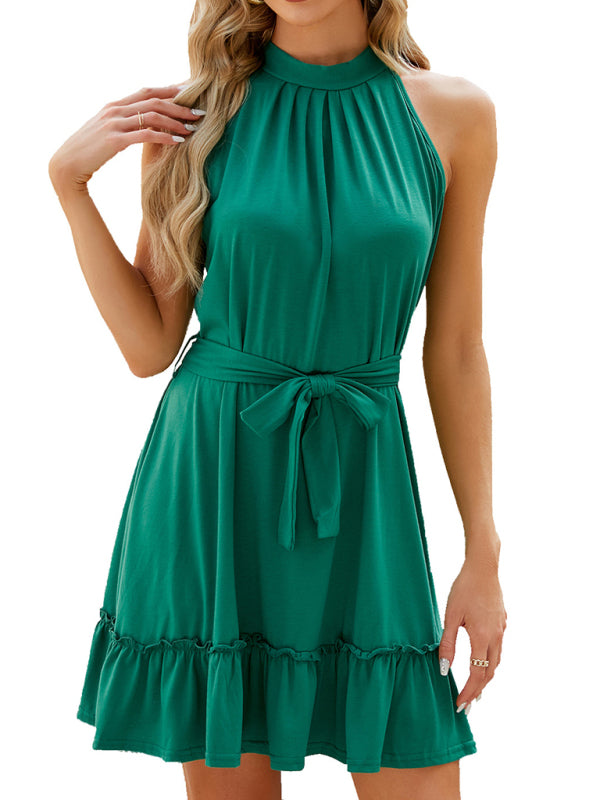 Mini Dresses- Knot Back Belted A-Line Mini Dress in Solid Halter- - IndioGear Fashion and Gear