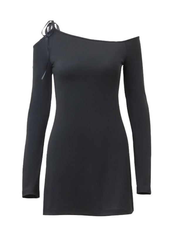 Mini Dresses- Long Sleeve Solid One-Shoulder Mini Dress- - IndioGear Clothing and Gear