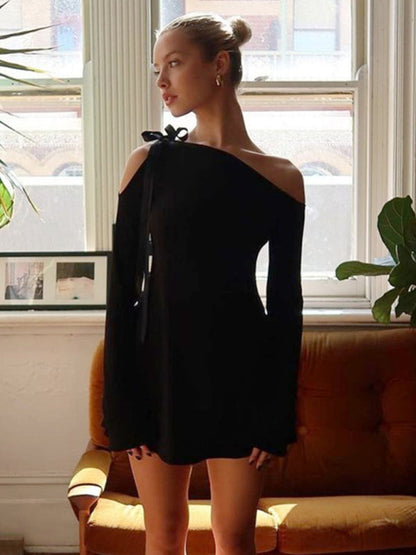 Mini Dresses- Long Sleeve Solid One-Shoulder Mini Dress- - IndioGear Clothing and Gear