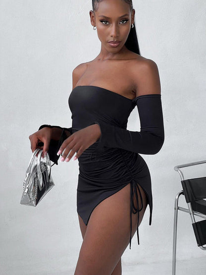 Mini Dresses- Night Out in Off-Shoulder Bodycon Mini Dress with Long Sleeves & Ruched Side- - IndioGear Fashion and Gear