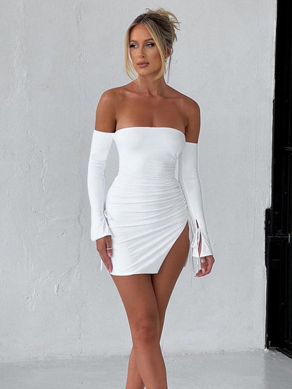 Mini Dresses- Night Out in Off-Shoulder Bodycon Mini Dress with Long Sleeves & Ruched Side- - IndioGear Fashion and Gear