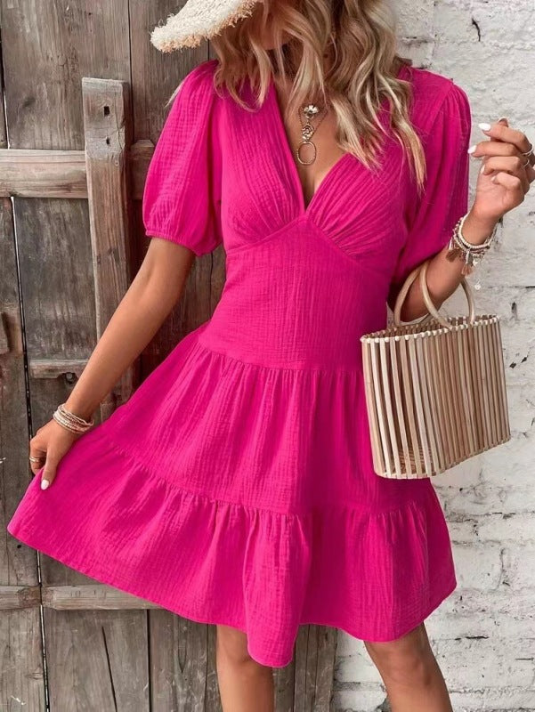 Mini Dresses- Plunging Neck Puff Sleeve Dress: Casual, Textured, Tiered Ruffle Hem- Rose- IndioGear Fashion and Gear