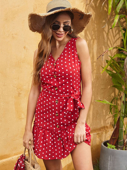 Mini Dresses- Polka Dot Print Cotton Button V-Neck Tank Dress- - IndioGear Fashion and Gear