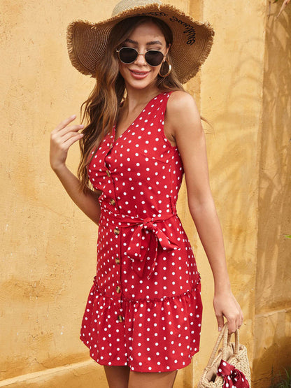 Mini Dresses- Polka Dot Print Cotton Button V-Neck Tank Dress- - IndioGear Fashion and Gear