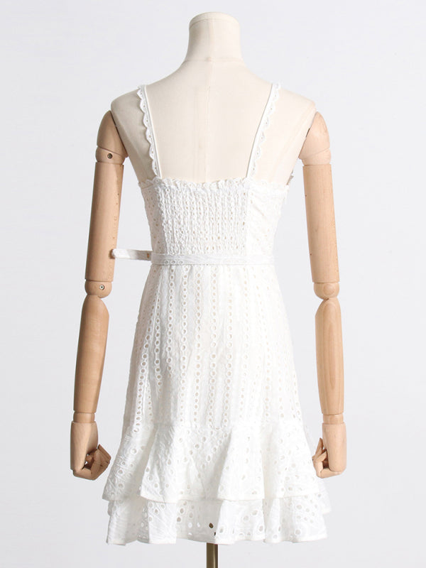 Mini Dresses- Romantic Eyelet Sweetheart Backless Mini Dress: Vintage Charm- - IndioGear Fashion and Gear