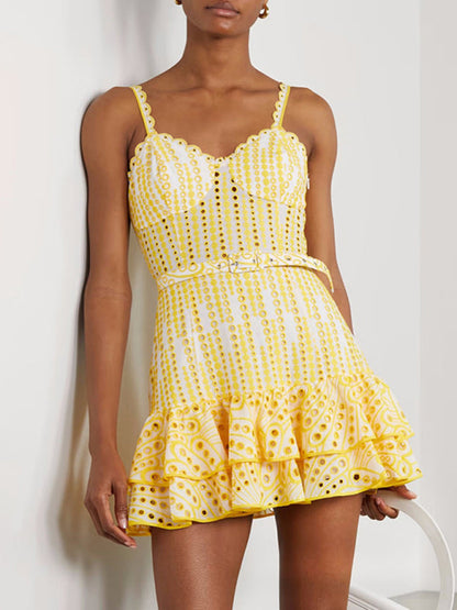 Mini Dresses- Romantic Eyelet Sweetheart Backless Mini Dress: Vintage Charm- Yellow- IndioGear Fashion and Gear