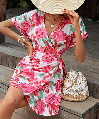 Mini Dresses- Romantic Floral Sweetheart Neck Wrap Mini Dress - Belted Robe Dress- - IndioGear Fashion and Gear