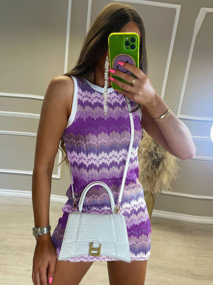 Mini Dresses- Sensual Crochet Knitted Tank Pencil Mini Dress- Purple- IndioGear Fashion and Gear