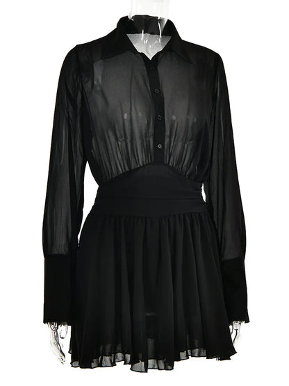 Mini Dresses- Sheer Mini Shirt Dress: See-Through & Flowy Skirt- - Pekosa Women Clothing