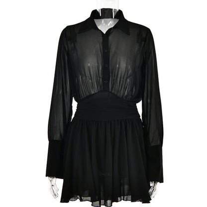 Mini Dresses- Sheer Mini Shirt Dress: See-Through & Flowy Skirt- Black- Pekosa Women Clothing