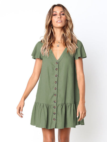 Mini Dresses- Solid Buttoned Pleated Flowy Mini Dress- Green- IndioGear Fashion and Gear