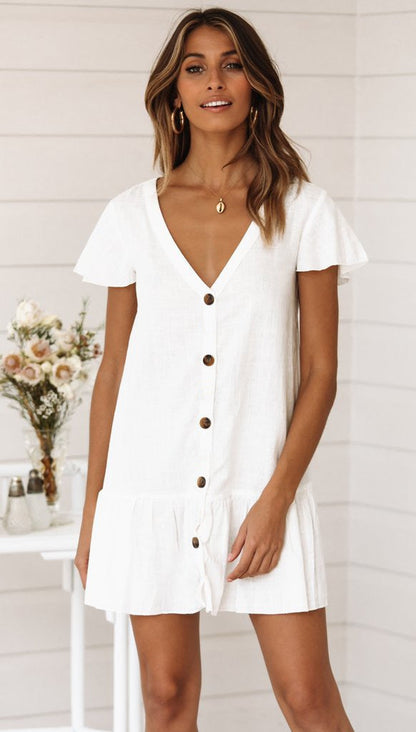 Mini Dresses- Solid Buttoned Pleated Flowy Mini Dress- - IndioGear Fashion and Gear