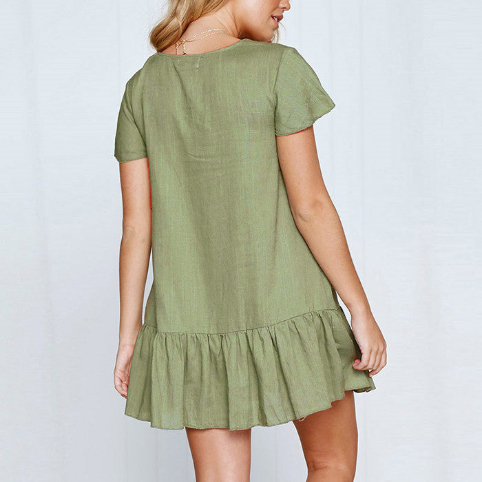 Mini Dresses- Solid Buttoned Pleated Flowy Mini Dress- - IndioGear Fashion and Gear