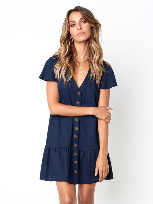 Mini Dresses- Solid Buttoned Pleated Flowy Mini Dress- Navy Blue- IndioGear Fashion and Gear