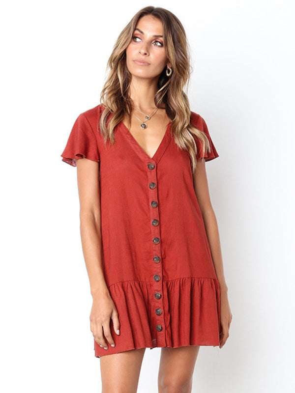 Mini Dresses- Solid Buttoned Pleated Flowy Mini Dress- Red- IndioGear Fashion and Gear