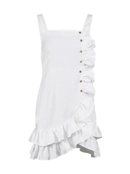 Mini Dresses- Solid Layered Ruffle Cami Sundress with Side Buttons Applique- White- IndioGear Fashion and Gear