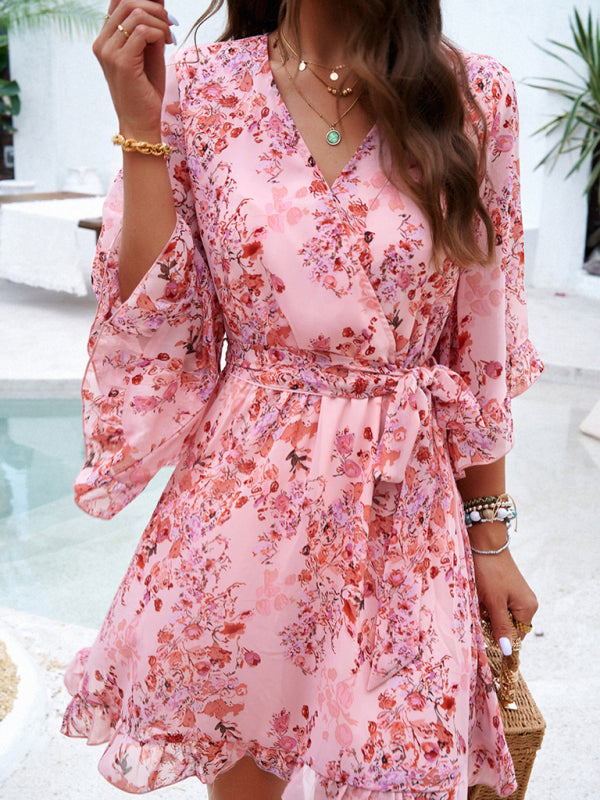 Mini Dresses- Springtime Surplice V-Neck Floral Dress with Flared Sleeves- - IndioGear Fashion and Gear