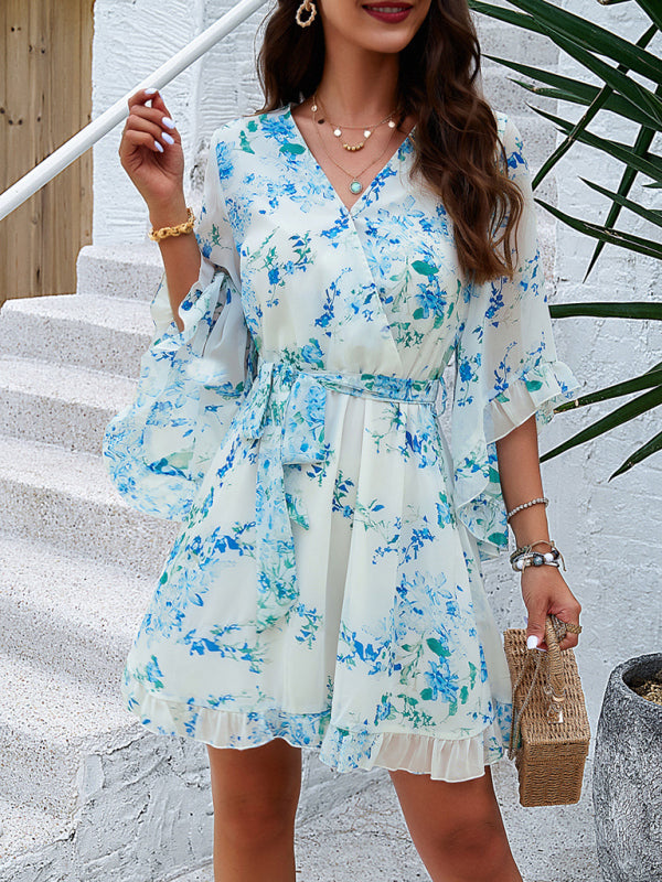 Mini Dresses- Springtime Surplice V-Neck Floral Dress with Flared Sleeves- White- IndioGear Fashion and Gear