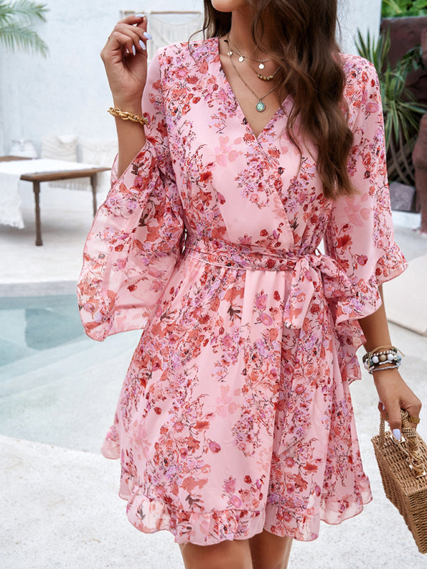 Mini Dresses- Springtime Surplice V-Neck Floral Dress with Flared Sleeves- - IndioGear Fashion and Gear