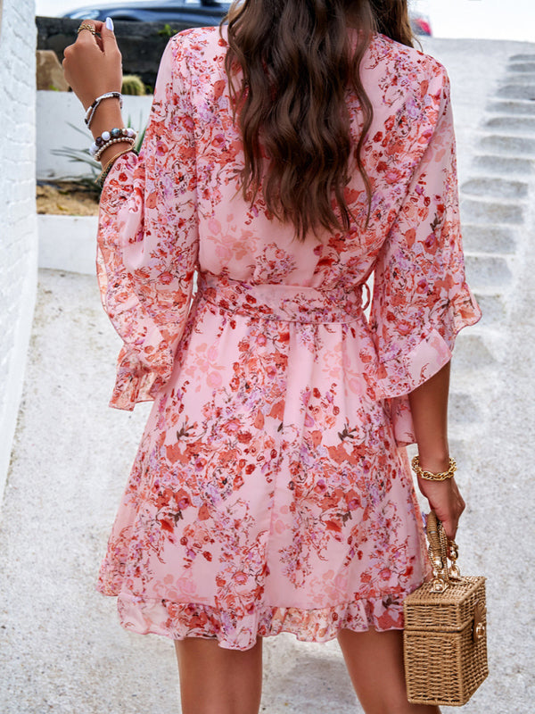 Mini Dresses- Springtime Surplice V-Neck Floral Dress with Flared Sleeves- - IndioGear Fashion and Gear