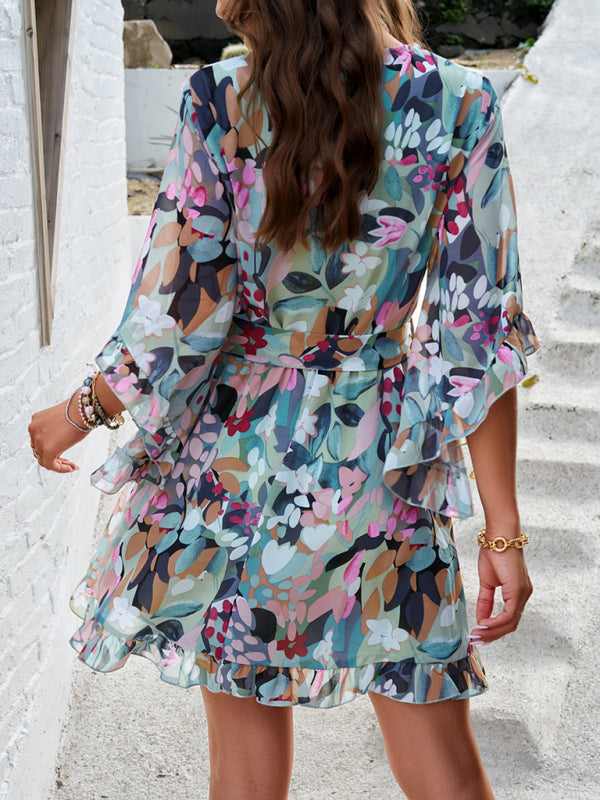 Mini Dresses- Springtime Surplice V-Neck Floral Dress with Flared Sleeves- - IndioGear Fashion and Gear