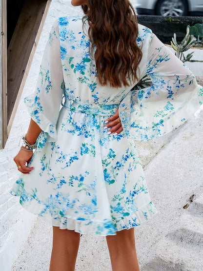 Mini Dresses- Springtime Surplice V-Neck Floral Dress with Flared Sleeves- - IndioGear Fashion and Gear