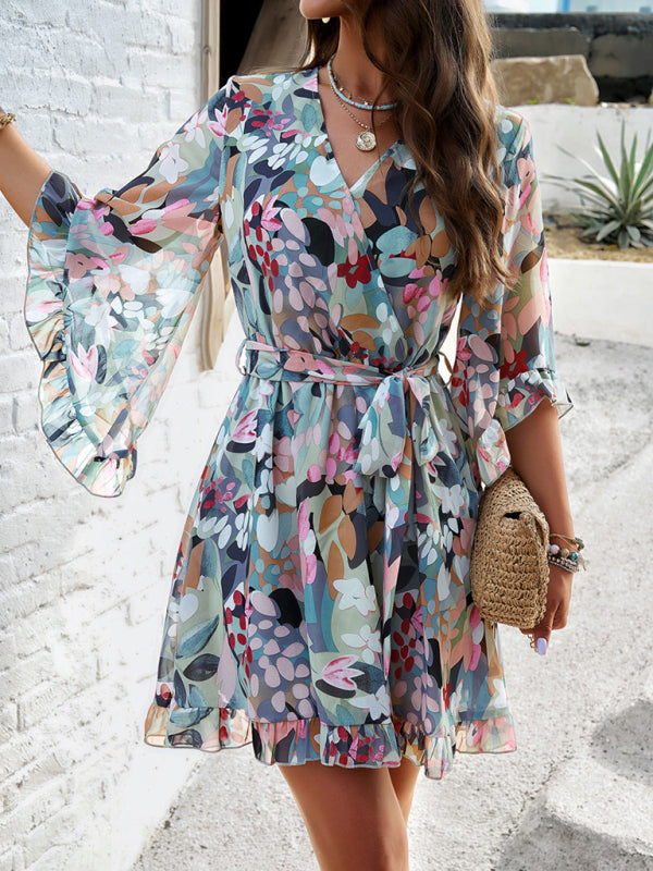 Mini Dresses- Springtime Surplice V-Neck Floral Dress with Flared Sleeves- - IndioGear Fashion and Gear