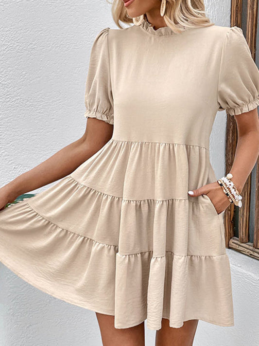 Mini Dresses- Stand Collar Mini Dress: Tiered Ruffles, Convenient Pockets Side- Beige- IndioGear Fashion and Gear