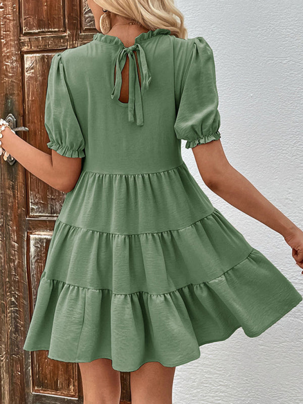 Mini Dresses- Stand Collar Mini Dress: Tiered Ruffles, Convenient Pockets Side- - IndioGear Fashion and Gear