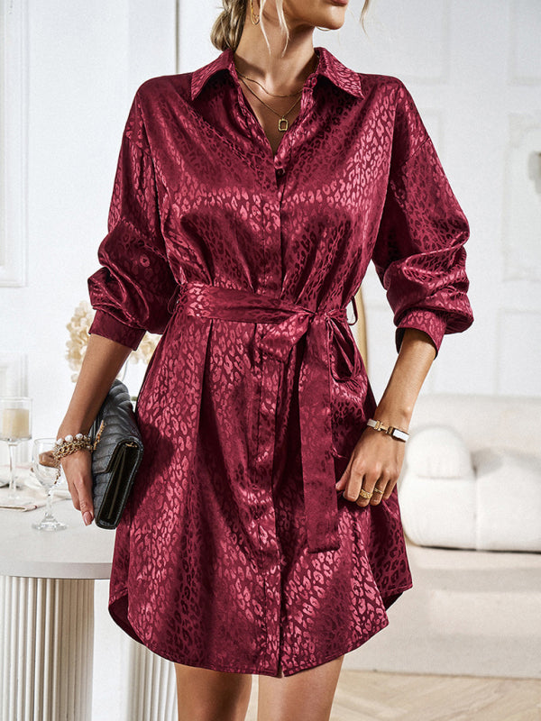 Mini Dresses- Stand out with our Elegant Satin Leopard Shirt Mini Dress- Wine Red- IndioGear Fashion and Gear