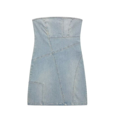 Mini Dresses- Strapless Patchwork Washed Denim Tube Dress- - IndioGear Fashion and Gear