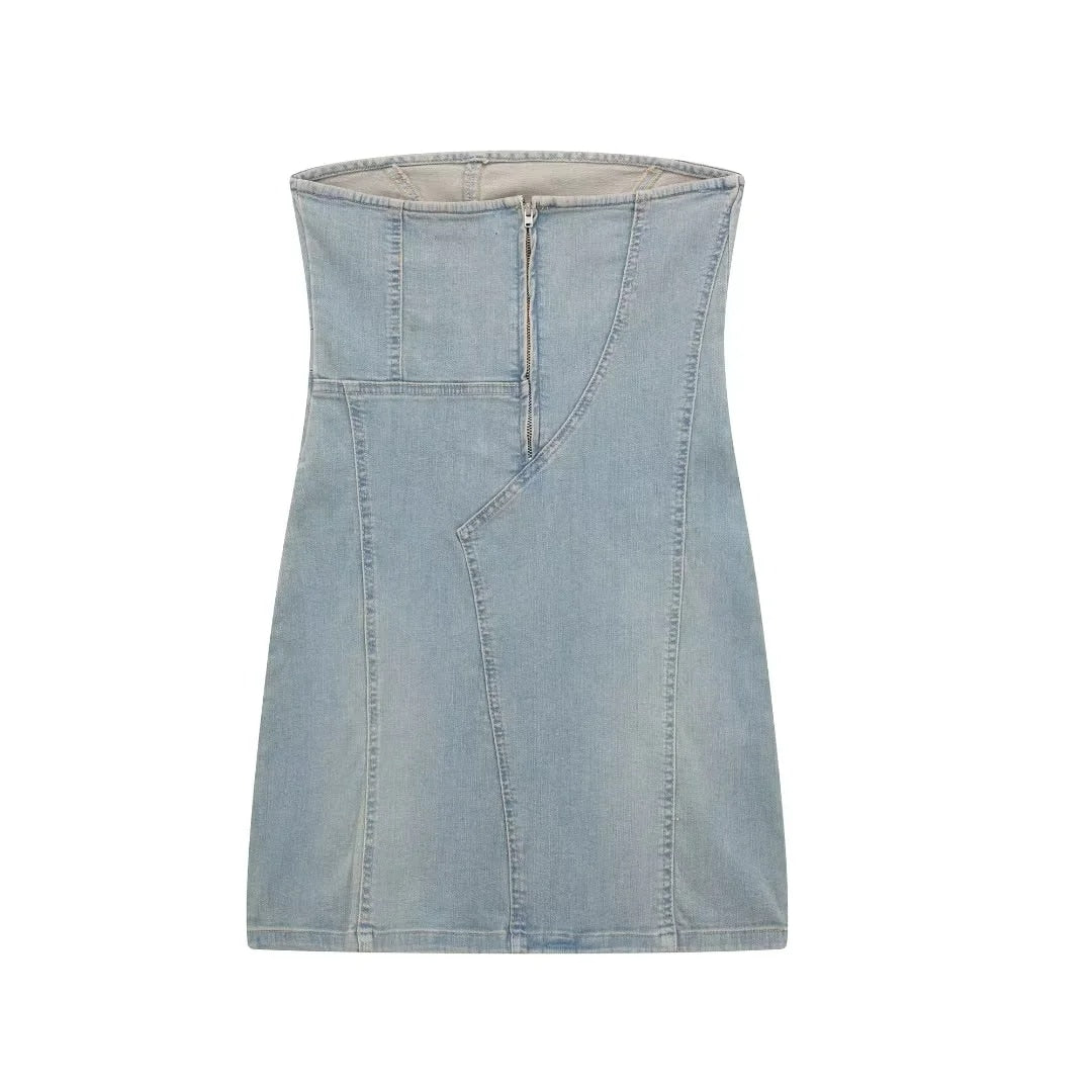 Mini Dresses- Strapless Patchwork Washed Denim Tube Dress- - IndioGear Fashion and Gear