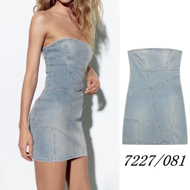 Mini Dresses- Strapless Patchwork Washed Denim Tube Dress- Blue- IndioGear Fashion and Gear