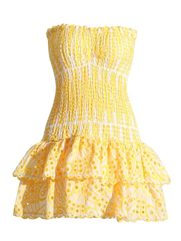 Mini Dresses- Summer Strapless Eyelet Dress | Smocked Waist Ruffle Mini Dress- - IndioGear Fashion and Gear