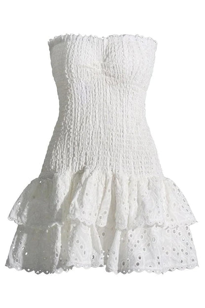 Mini Dresses- Summer Strapless Eyelet Dress | Smocked Waist Ruffle Mini Dress- - IndioGear Fashion and Gear