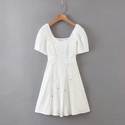 Mini Dresses- Sweetheart Neck Mini Dress: Bohemian Elegance with Eyelet Sleeves- - IndioGear Fashion and Gear