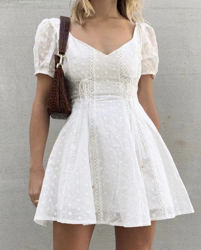 Mini Dresses- Sweetheart Neck Mini Dress: Bohemian Elegance with Eyelet Sleeves- White- IndioGear Fashion and Gear