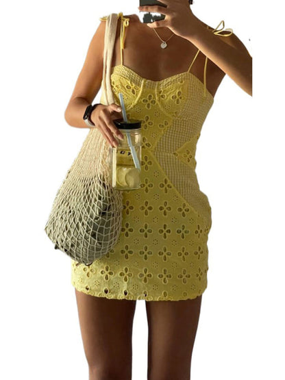 Mini Dresses- Women's Eyelet Sweetheart Mini Dress - Bustier, Flower, and Backless- - IndioGear Fashion and Gear