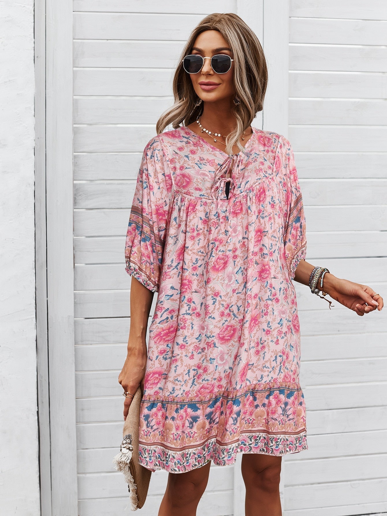 Mini Dresses- Women's Floral Neck Tie Loose Mini Dress Perfect for Any Occasion!- - IndioGear Fashion and Gear