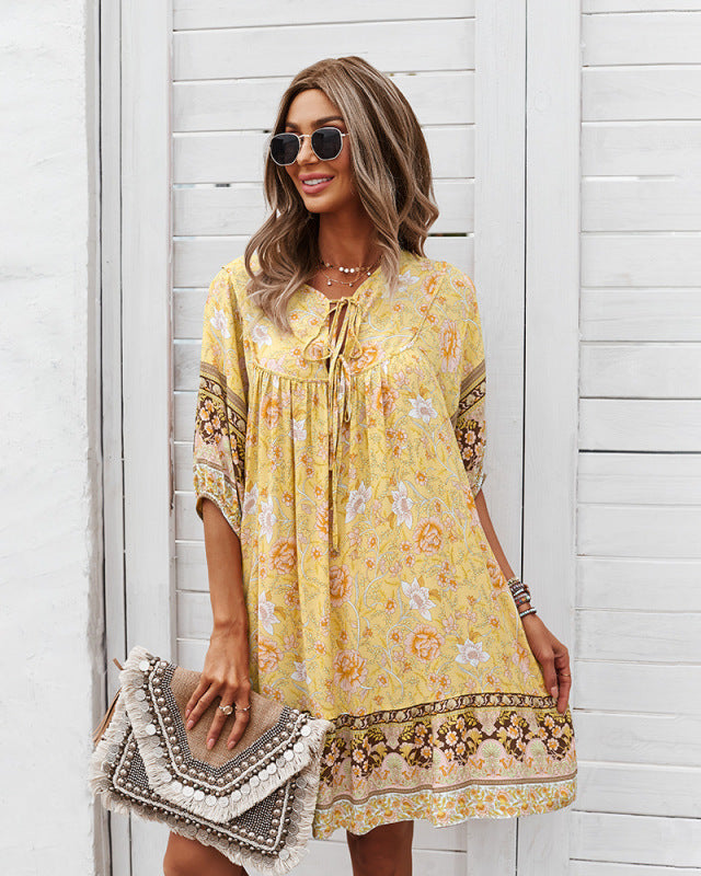 Mini Dresses- Women's Floral Neck Tie Loose Mini Dress Perfect for Any Occasion!- Yellow- IndioGear Fashion and Gear