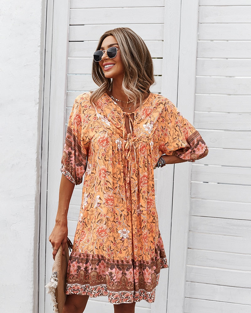 Mini Dresses- Women's Floral Neck Tie Loose Mini Dress Perfect for Any Occasion!- - IndioGear Fashion and Gear