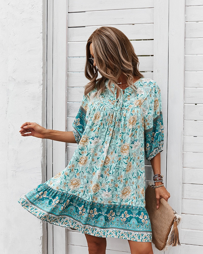 Mini Dresses- Women's Floral Neck Tie Loose Mini Dress Perfect for Any Occasion!- - IndioGear Fashion and Gear