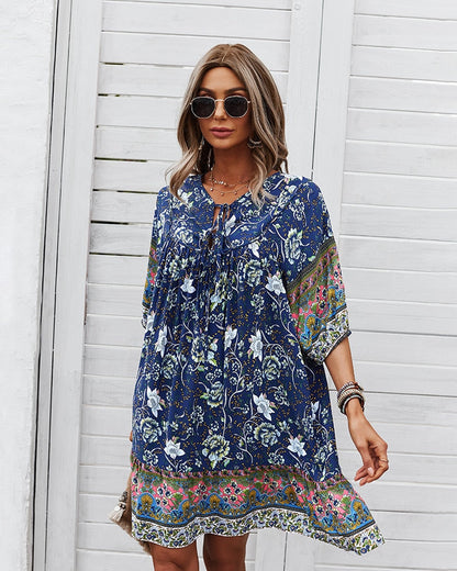 Mini Dresses- Women's Floral Neck Tie Loose Mini Dress Perfect for Any Occasion!- - IndioGear Fashion and Gear