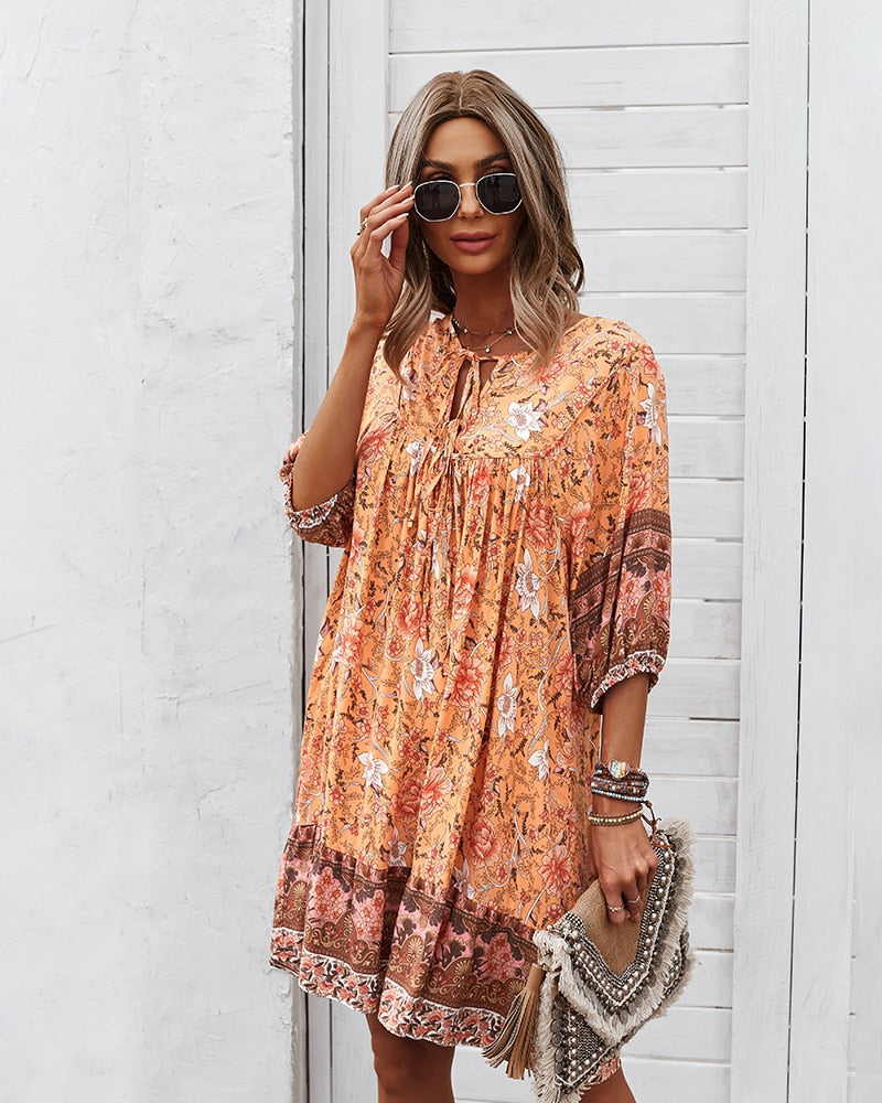 Mini Dresses- Women's Floral Neck Tie Loose Mini Dress Perfect for Any Occasion!- - IndioGear Fashion and Gear