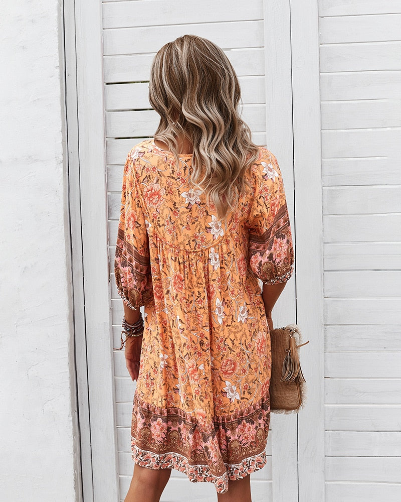 Mini Dresses- Women's Floral Neck Tie Loose Mini Dress Perfect for Any Occasion!- - IndioGear Fashion and Gear