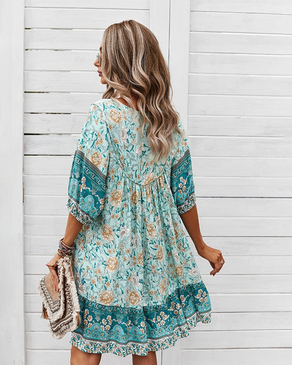 Mini Dresses- Women's Floral Neck Tie Loose Mini Dress Perfect for Any Occasion!- - IndioGear Fashion and Gear