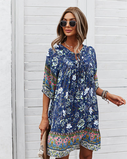 Mini Dresses- Women's Floral Neck Tie Loose Mini Dress Perfect for Any Occasion!- Navy Blue- IndioGear Fashion and Gear