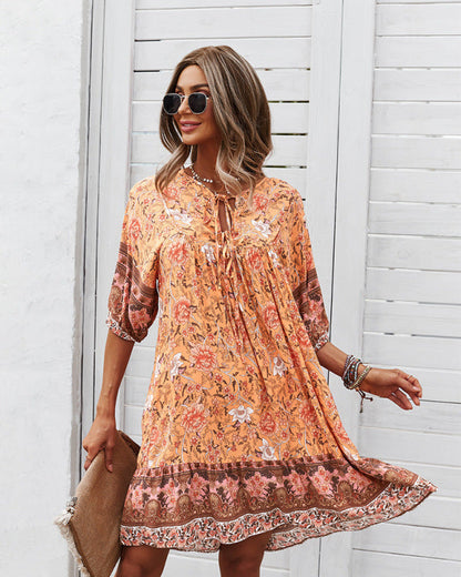 Mini Dresses- Women's Floral Neck Tie Loose Mini Dress Perfect for Any Occasion!- Orange- IndioGear Fashion and Gear