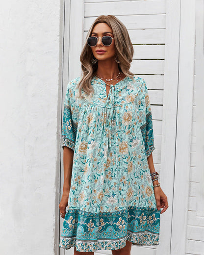 Mini Dresses- Women's Floral Neck Tie Loose Mini Dress Perfect for Any Occasion!- Blue- IndioGear Fashion and Gear